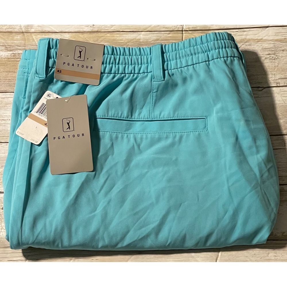 PGA TOUR Golf Shorts Flat Front Active Flex Waist Aqua Blue Mens Size 42